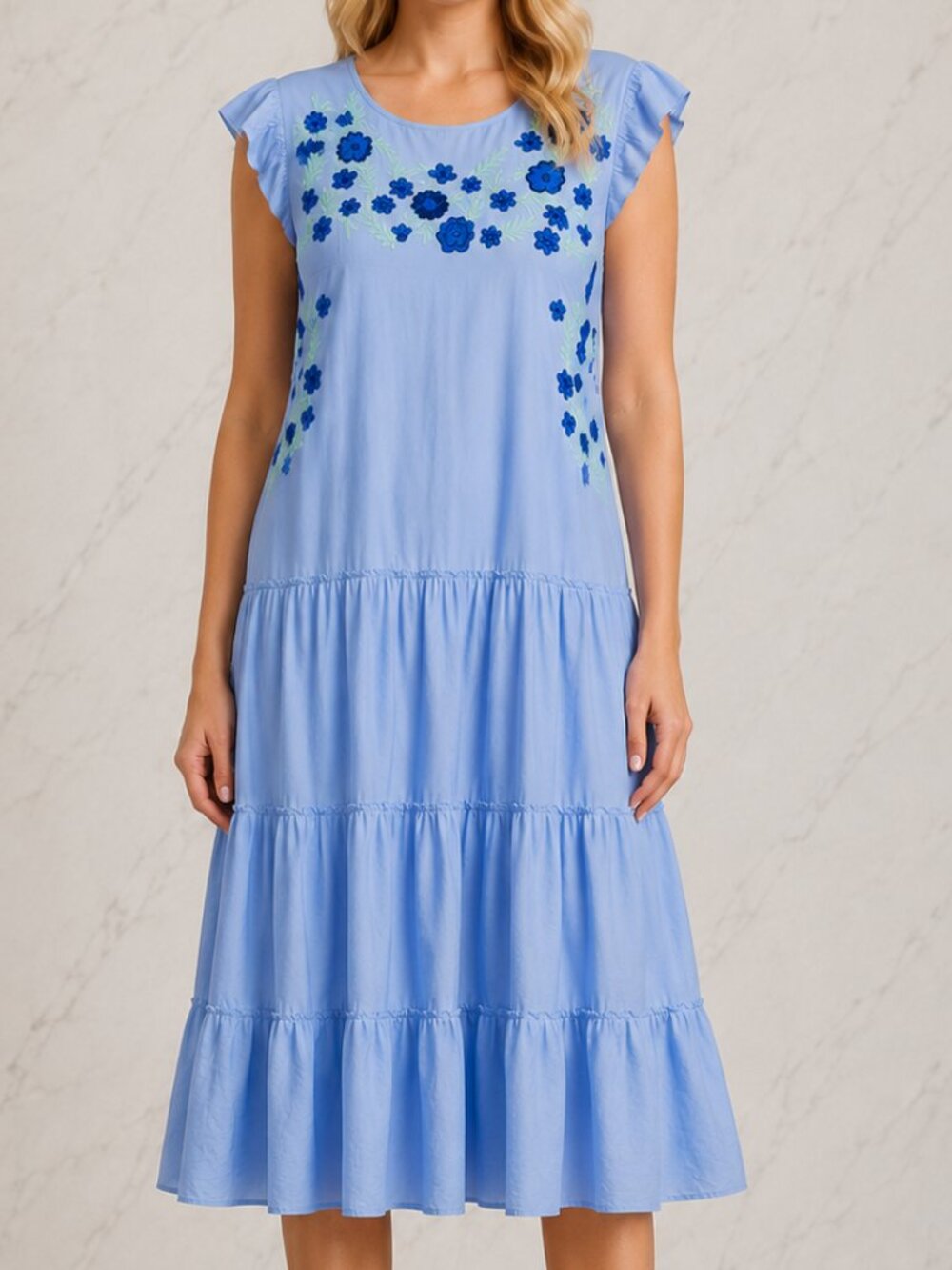 GABY & GRACIE Embroidered Floral Tiered Flutter Sleeve Midi Dress Size XL Blue